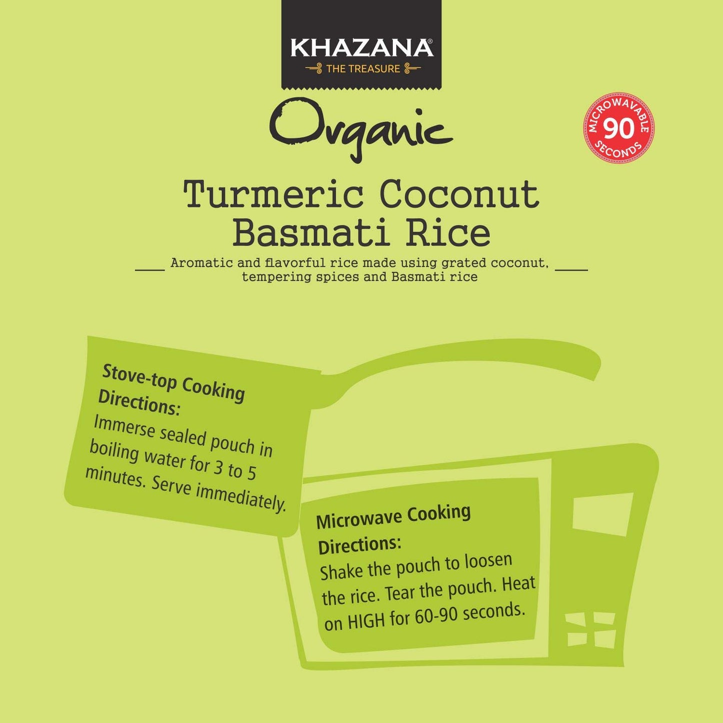 Khazana Turmeric Coconut Organic Basmati Rice - Ready to Heat (1-Pack, 8.8oz) - Authentic, Aromatic & Flavorful Indian Grain - N