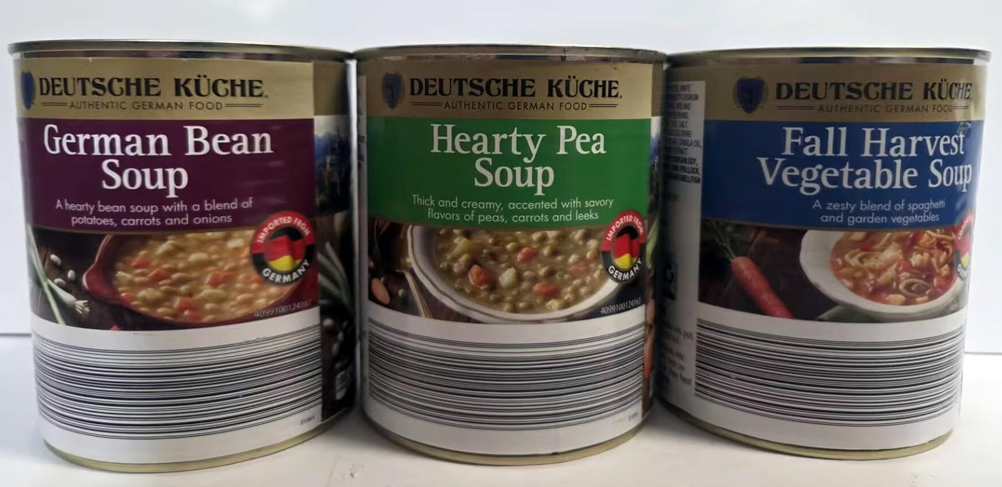 Deutsche Kuche 3 Kinds of Soup: Hearty Pea, German Bean, Harvest Potato, 28oz 794g (Three Cans)