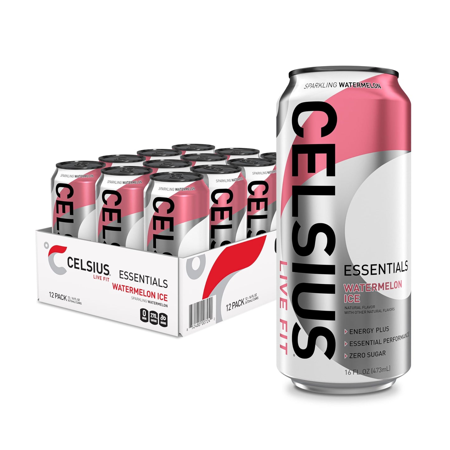 CELSIUS ESSENTIALS Sparkling Watermelon Ice Energy Drink, Sugar Free, 16 Fl Oz (Pack of 12)