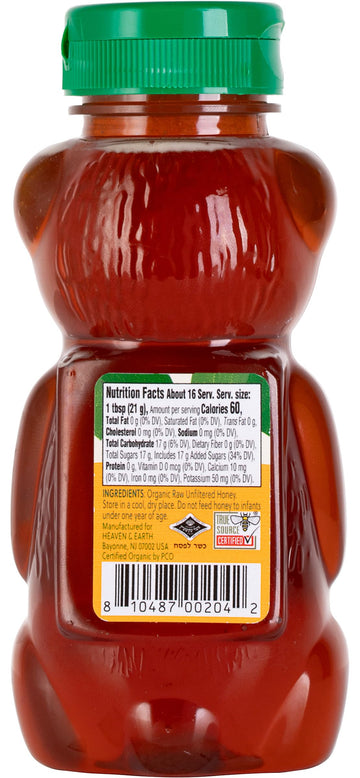 Heaven & Earth Organic Raw Unfiltered Honey, 12 Oz (2 Pack) | Usda Certified | Bear Shaped Squeeze Bottle | Pure & Natural Honey