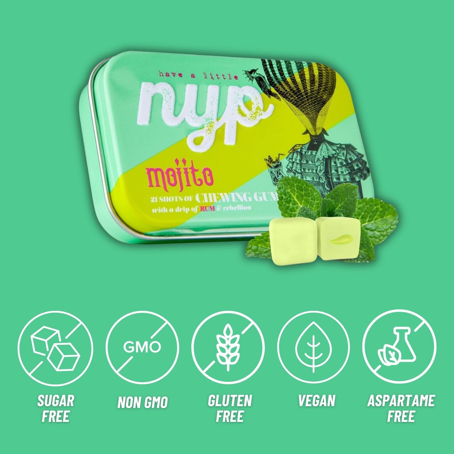 NYP Sugar Free Mojito Lime Chewing Gum, Vegan, 63 Pieces (3 Tins), Green