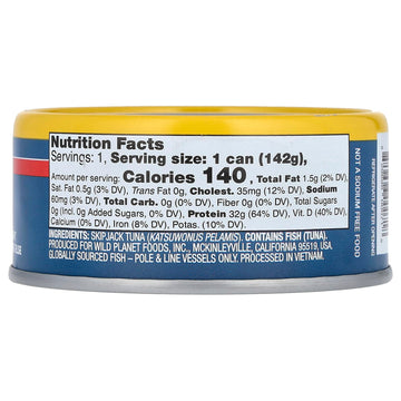 Wild Planet Skipjack Wild Tuna, No Salt Added, Tinned Fish, Canned Tuna, Sustainably Caught, Non-GMO, Kosher, Gluten Free, Keto