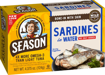 Season Sardines in Water - No Salt Added, Wild Caught, 22g of Protein, Keto Snacks, More Omega 3's Than Tuna, Kosher, High in Ca