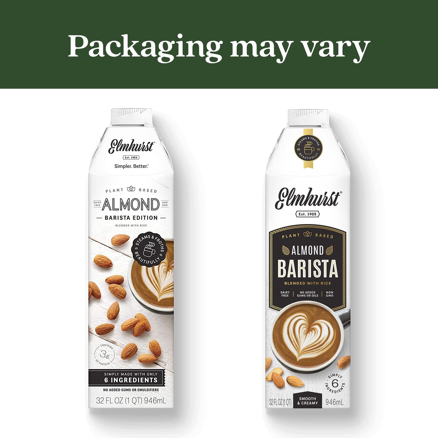 Elmhurst 1925 Almond Milk Barista Edition - 32oz (6-Pack) Plant-Based, Vegan, Dairy-Free, Kosher, Gluten-Free, Non-GMO, Froths f