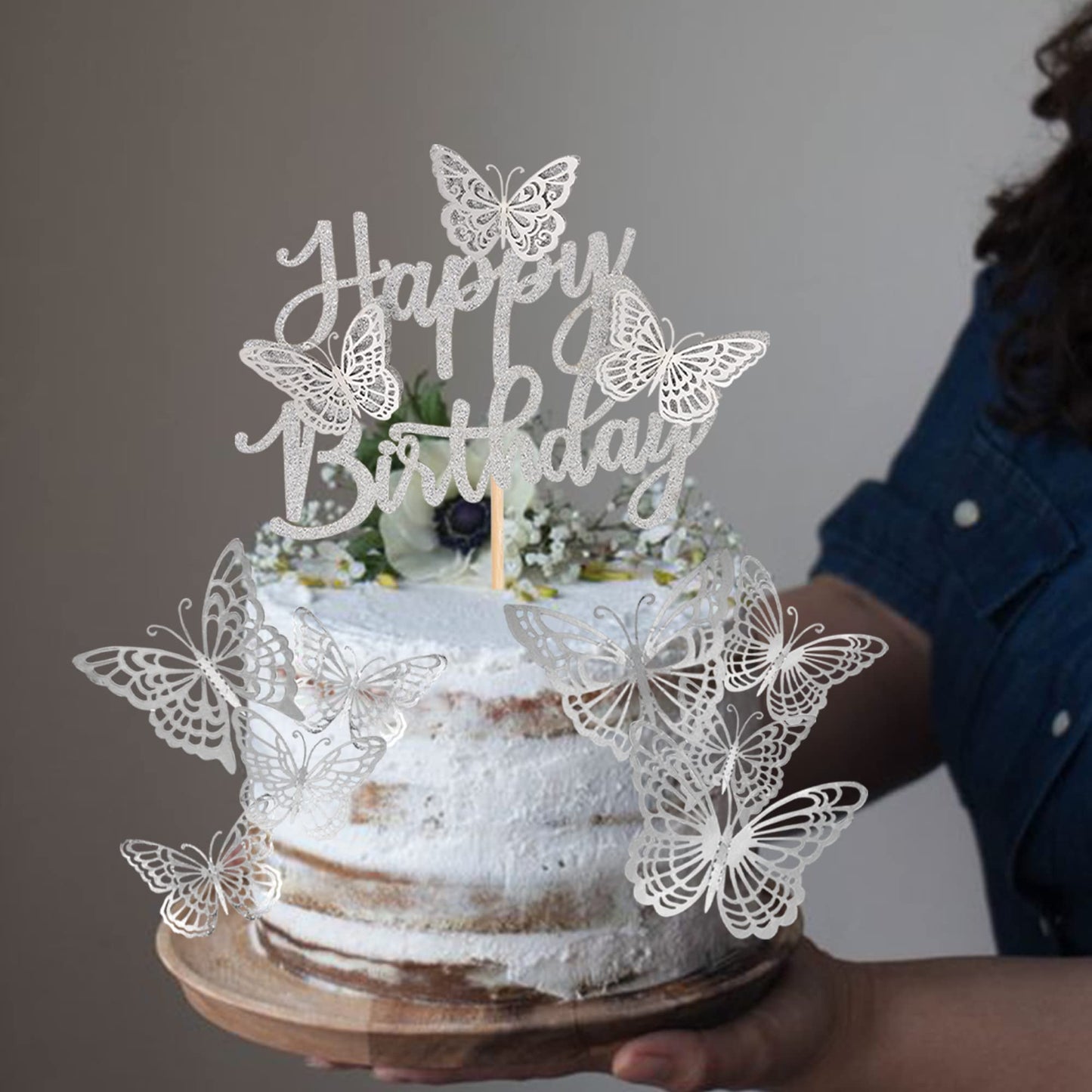 Rssta i 25 Pack Butterfly Cake Toppers, Glitter 3D, Happy Birthday Topper, Silver, Model XM266-silver