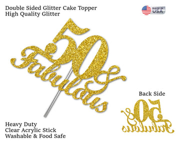 RokAPary 50 & Fabulous Cake Topper, Gold Glitter, Double-Sided, Premium Quality, Model RCTF
