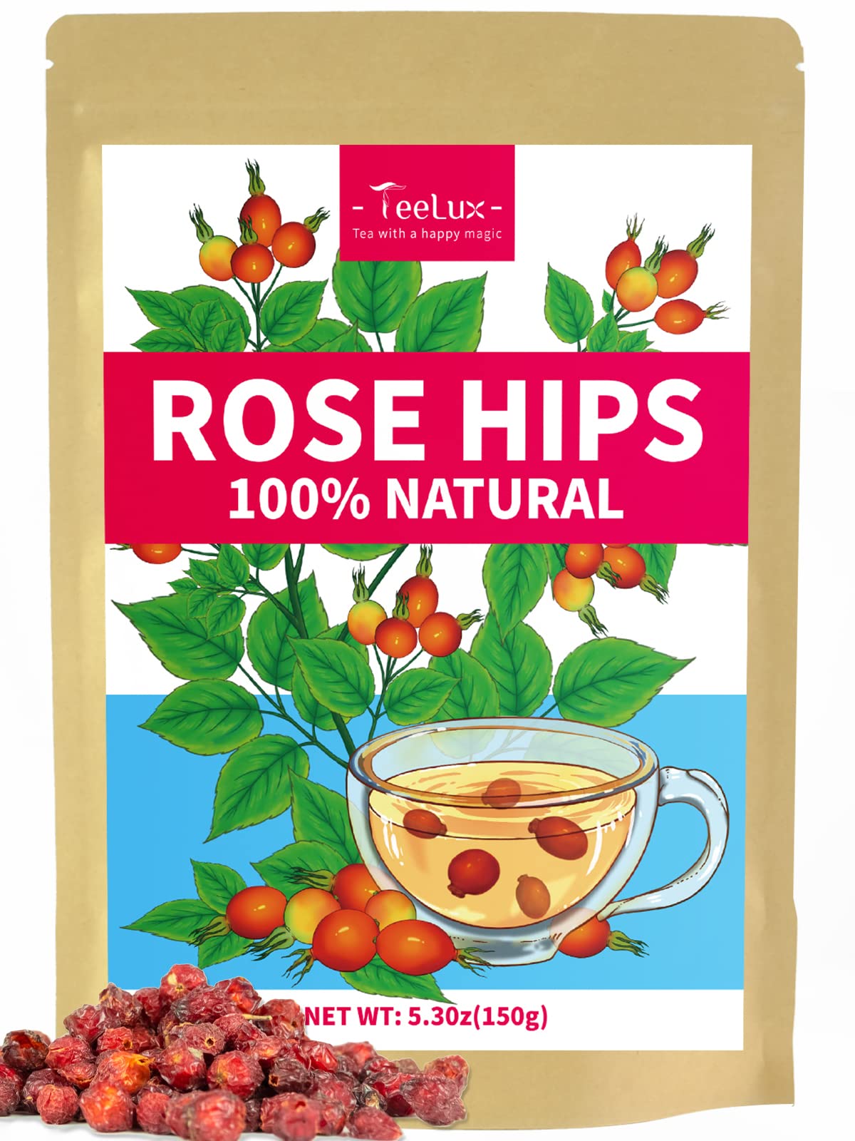 Teelux Rose Hips Tea, Premium Rosehip Herbal Tea, Dried Whole Rose Hips, Fruity Flavor And Aroma, 150G/5.3Oz