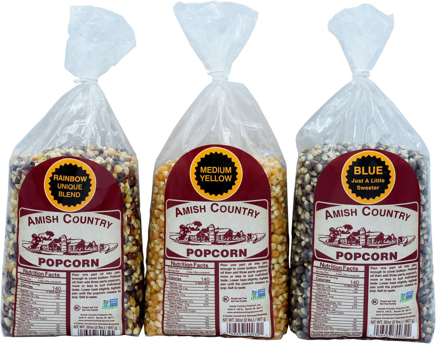 Amish Country Popcorn | 3-2 Lb Bags - Rainbow, Medium Yellow & Blue Kernels | Old Fashioned, Non-Gmo And Gluten Free
