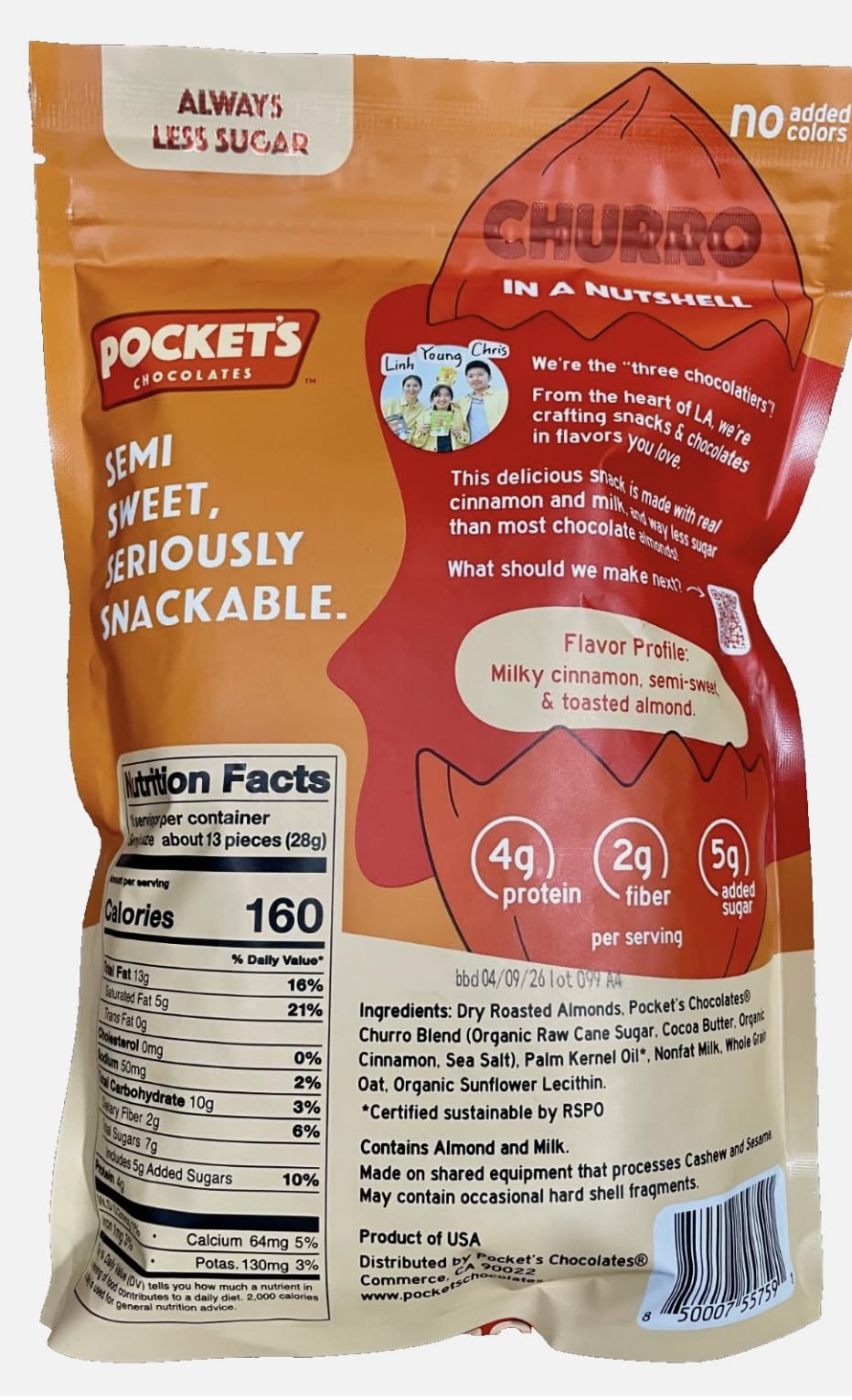 Pockets Chocolates Churro Coated Dry Roasted Almonds, 16 oz, Real Cinnamon, Large Size