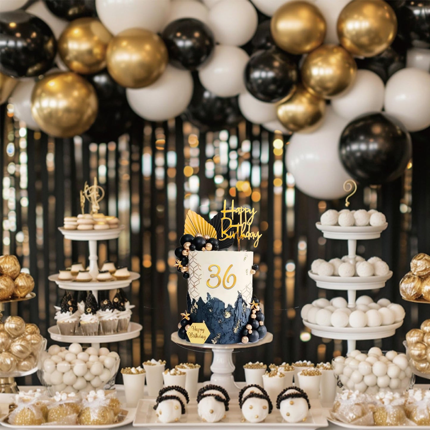 44Pcs Balls Cake Topper Man Cake Decorations With Black Gold Balls Palm Leaves Acrylic Numbers 0-9 And Happy Birthday Cake Toppe