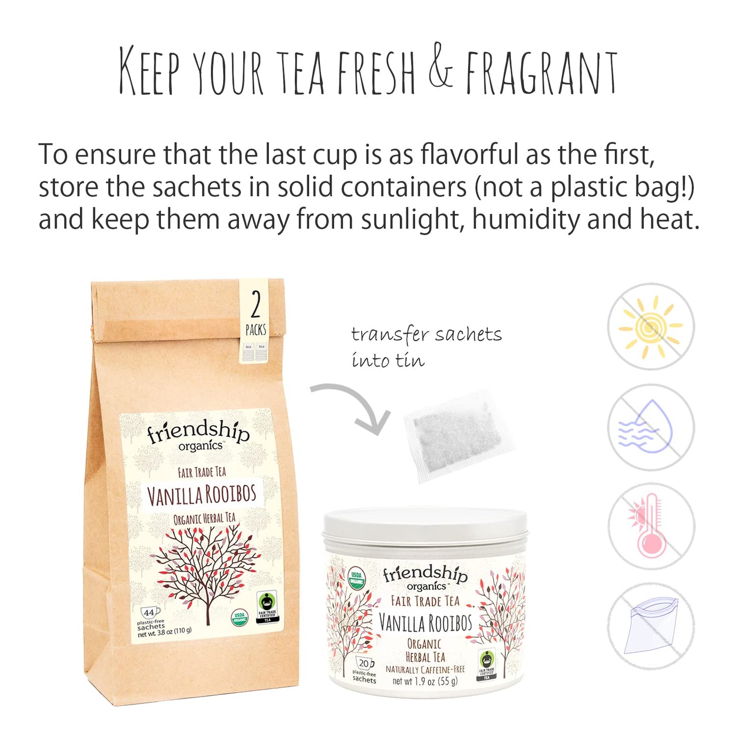 Friendship Organics Vanilla Rooibos Tea Bags, Organic & Fair Trade, 44 Count