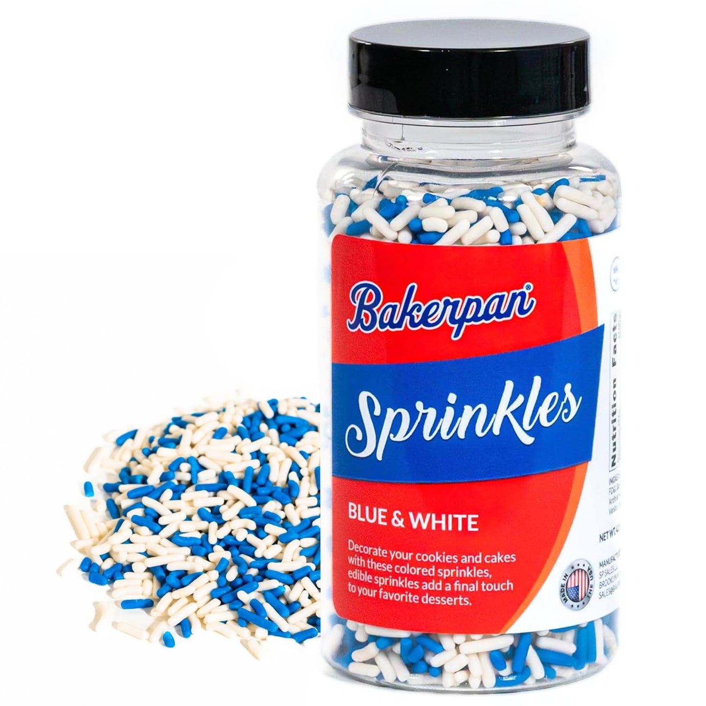 Bakerpan Blue and White Jimmies Sprinkles - 4.3 Ounces Sprinkles for Cake Decorating - Edible Blue Sprinkles for Cupcakes, Ice C
