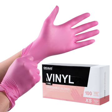 Okiaas Pink Disposable Gloves X-Small, Vinyl Gloves Disposable Latex Free, 5 Mil, 50 Count, For Food Prep, Household Cleaning, H