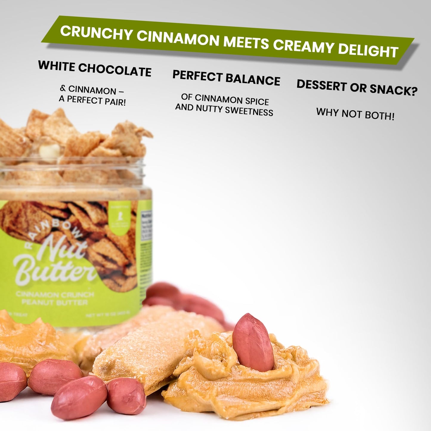 Rainbow Nut Butter, Cinnamon Crunch Peanut Butter, Spread, Treat, Snack, Dessert, White Chocolate Chips, Chips, Cinnamon Cereal,
