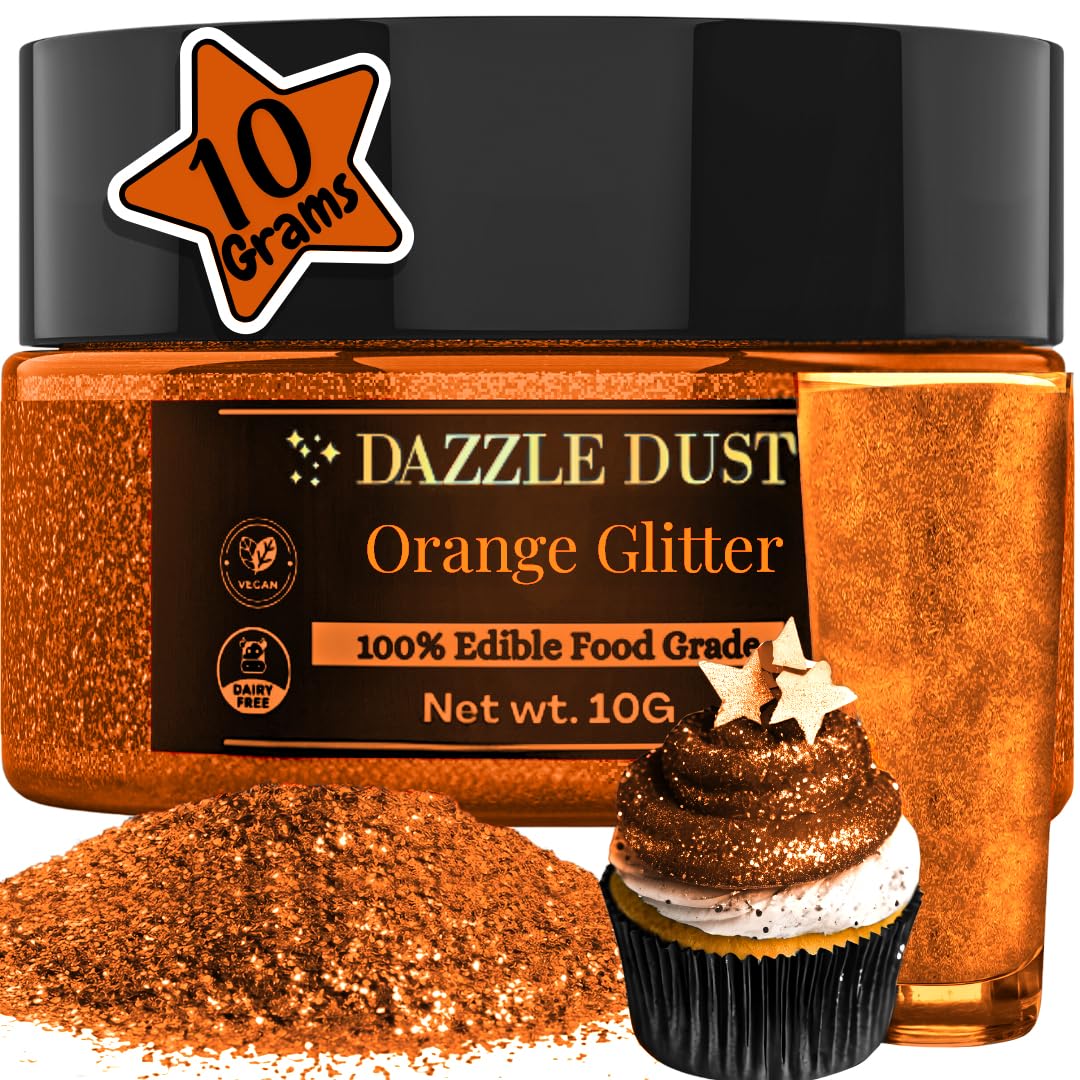 Dazzle Dust Edible Glitter Sprinkles For Cake Decorating Drinks Cookie Icing Dessert Decorations Sparkly Luster Food-Grade Vegan Gluten Free Kosher Bulk 10G Orange
