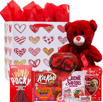 Valentines Day Gift Basket Set | Teddy Bear Plush (Red Or White), Elmer Heart Chocolate, Milk Chocolate Bar, Kit Kat Chocolate B