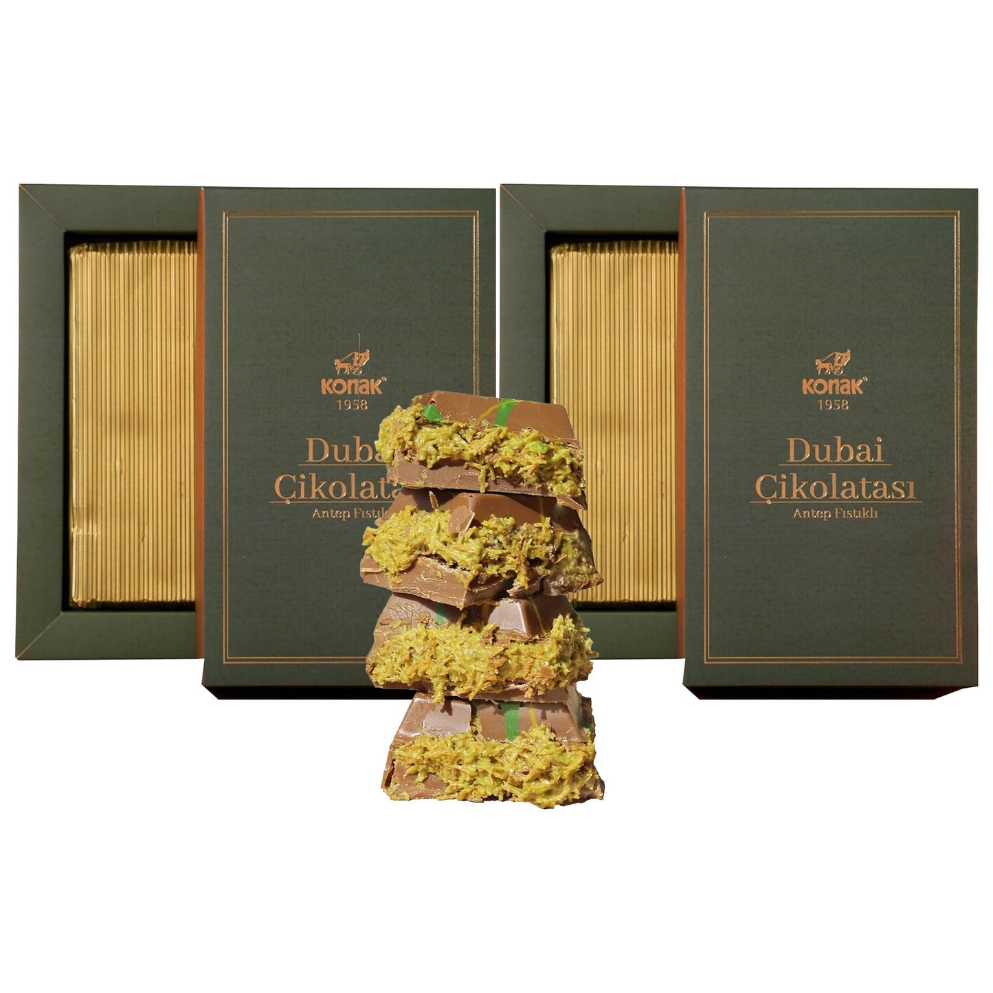 Dubai Chocolate 7Oz Kunafa Pistachio Rich Milk Chocolate 200 Gram Individually Wrapped Fresh Top-Grade Pistachio - Gift Box For Birthday - Congratulations - Christmas Amazing Pack (Pack Of 2)