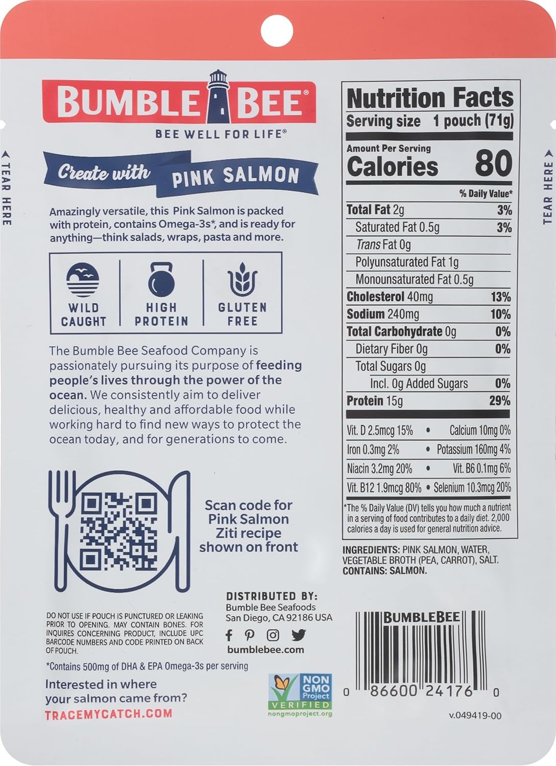 Bumble Bee Skinless & Boneless Pink Salmon, 2.5 oz Pouch, 15g Protein, High in Omega-3s, MSC Certified, Gluten Free, Kosher