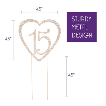 Ella Celebration Quinceaera Number 15 Cake Topper Rhinestone Metal 15Th Birthday Decoration (Rose Gold)
