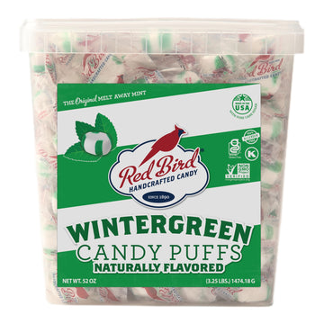 Red Bird Soft Wintergreen Puffs, Mints Individually Wrapped, Gluten Free, Kosher, Free from Top 8 Allergens, Made with 100% Pure