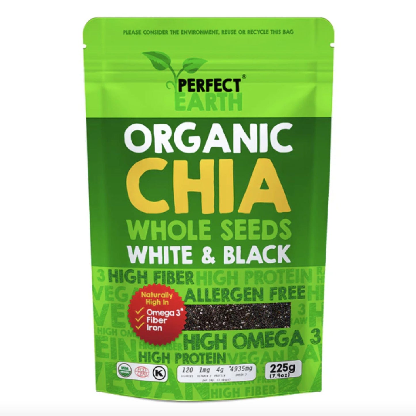 Perfect Earth Chia Seeds - Organic, Gluten-Free, Allergen-Free, Vegan, Keto-Friendly, High in Omega-3, Iron & Protein. for Healt