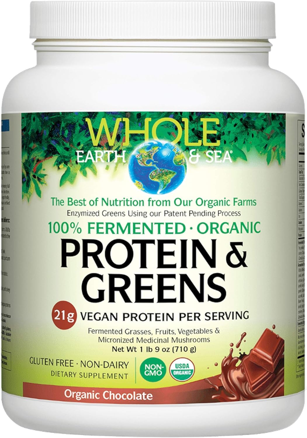 Whole Earth & Sea From Natural Factors Organic Fermented Protein & Greens Vegan Whole Food Dietary Support Chocolate 1Lb 9 Oz