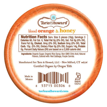 Torie And Howard Organic Hard Candy Tin, Blood Orange And Honey, 2 Ounce