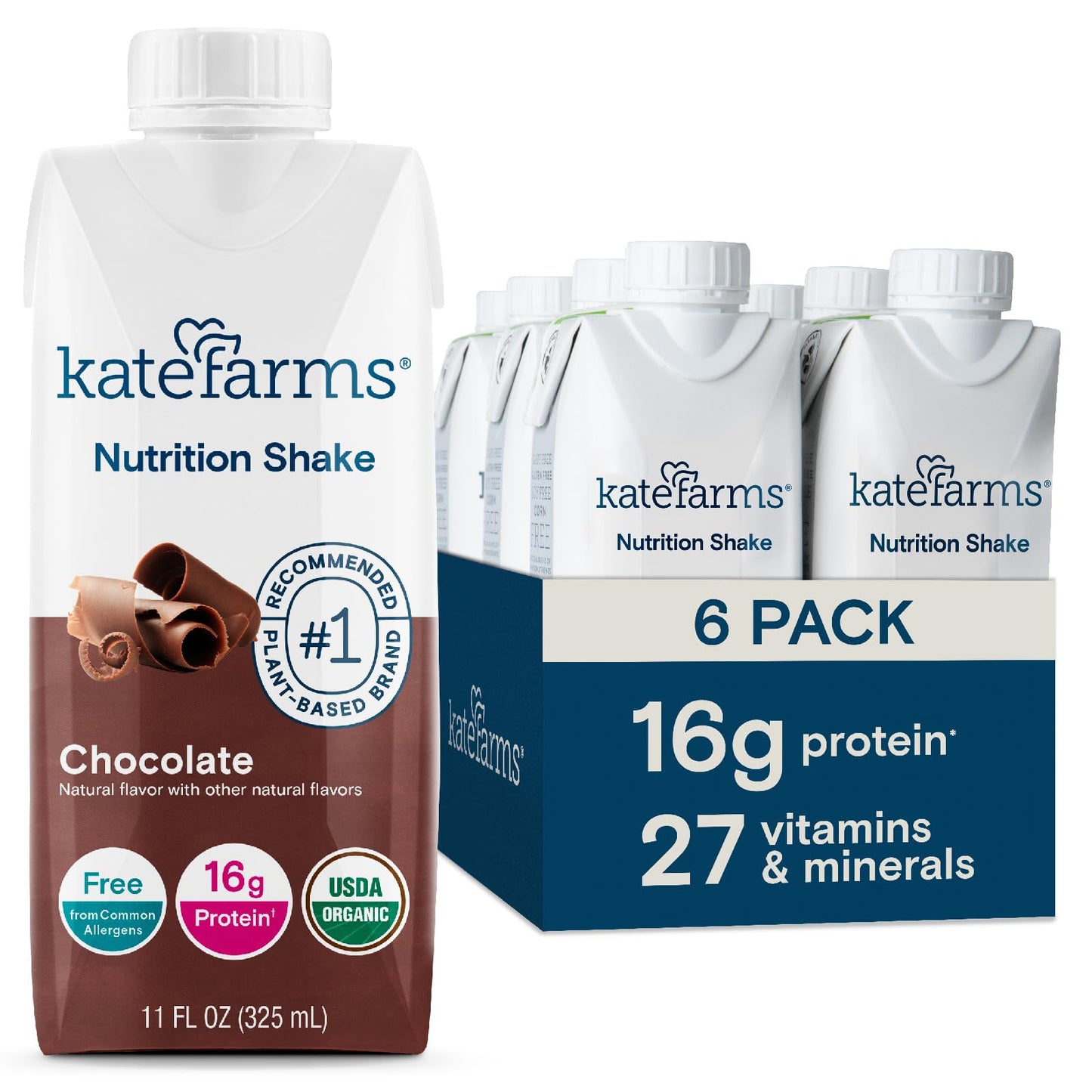 Kate Farms Organic Vegan Nutrition Shake, Chocolate, 16g Protein, 27 Vitamins, 11 Fl oz, 6 Pack, Gluten Free, Non-GMO