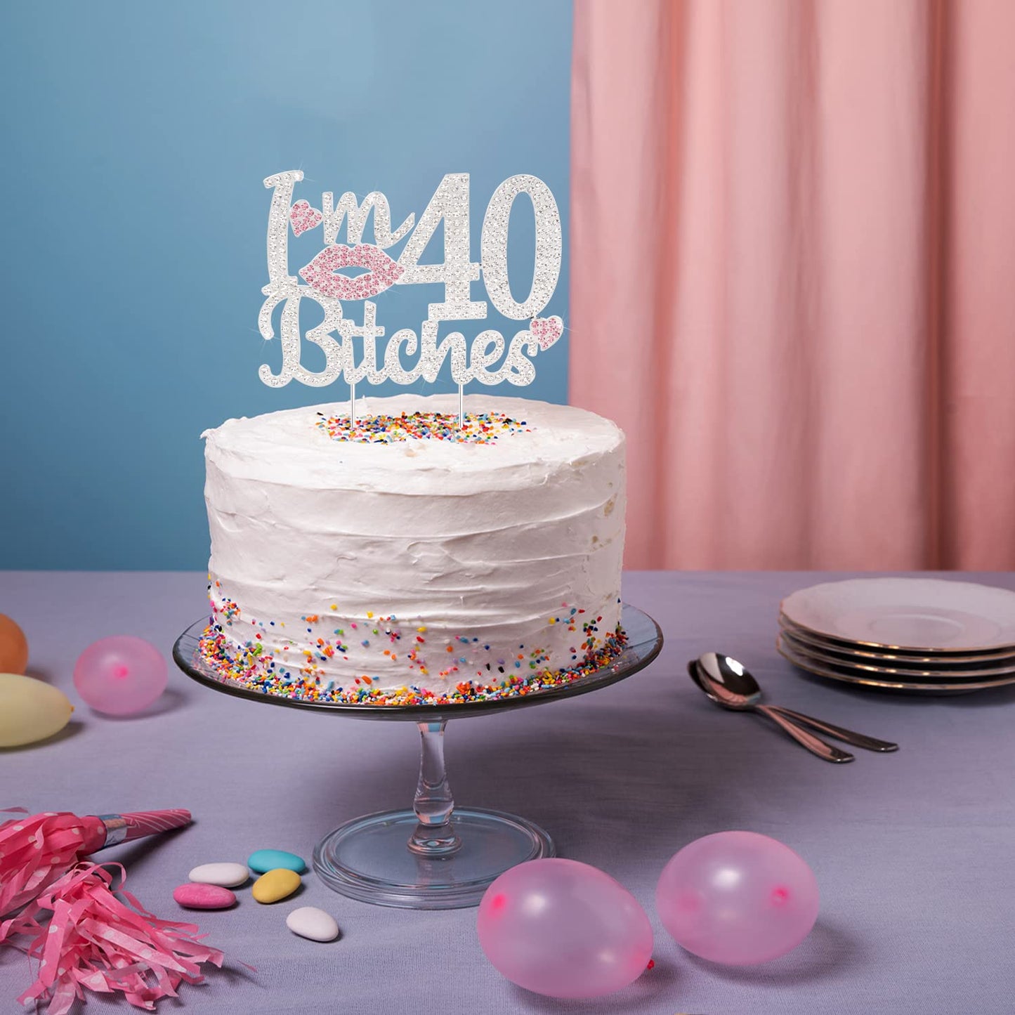 Laskyer I'M 40Th Funny Birthday Pink Rhinestone Cake Topper - Happy 40Th Birthday Cheers To 40 Years Old Forty Bday Party Metal