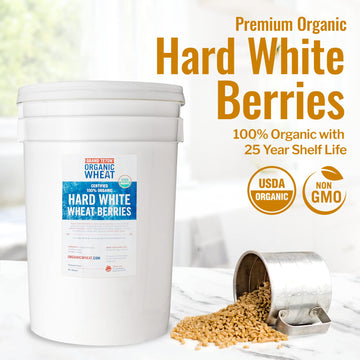 Grand Teton - 100% Organic Hard White Wheat Berries | Us-Grown Wheat Berries Bulk | Packaged In 6 Gallon Hdpe Pail For Long-Term