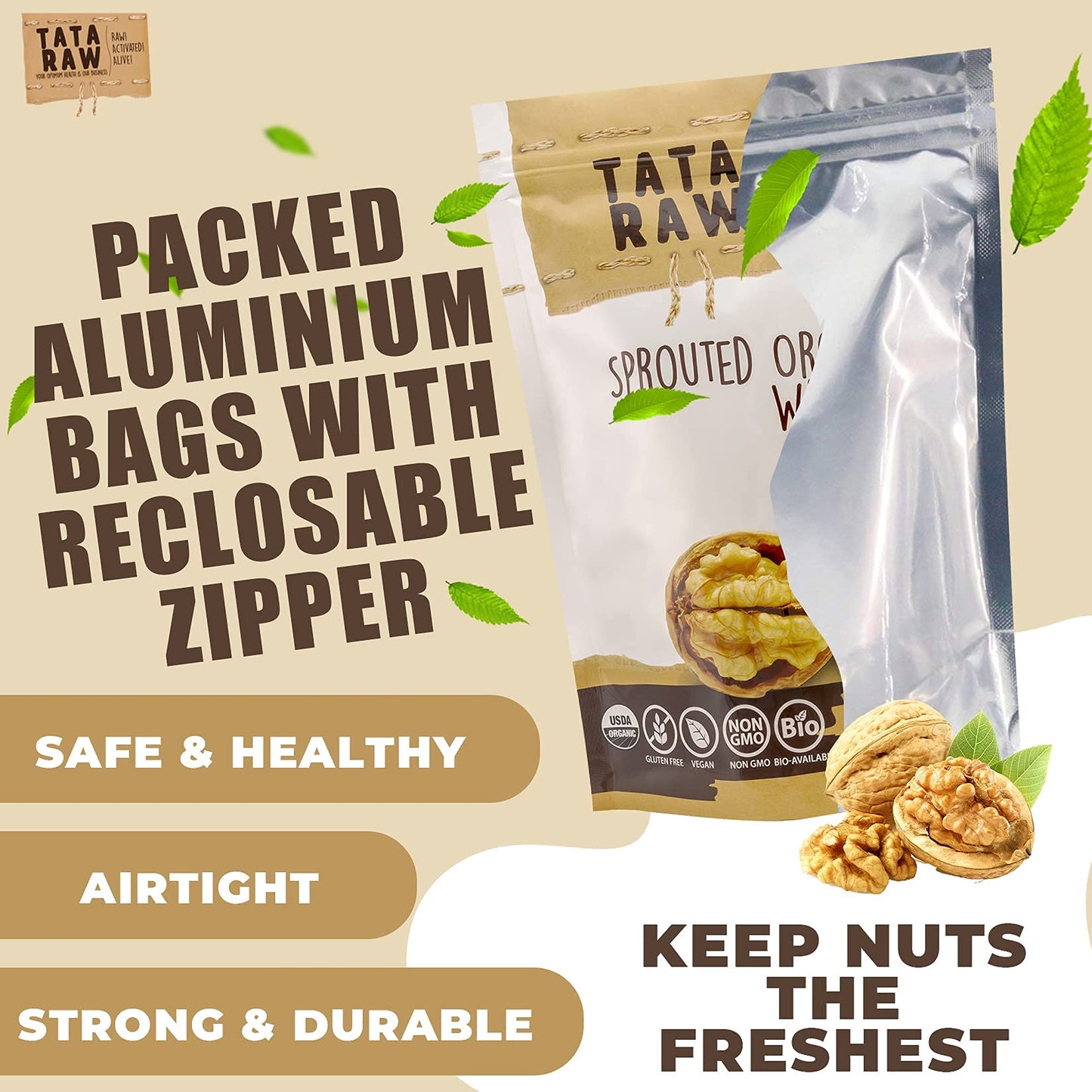 Tata Raw - Sprouted Organic Walnuts - Plain. Nothing Added -1 Lb. Soaked & Air Dried Super Quality. Raw. Alive. Activated. Fresh