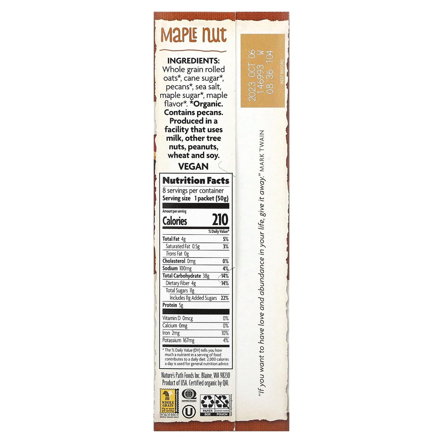 Organic Instant Oatmeal, Maple Nut, 8 Packets, 14 Oz (400 G), Nature'S Path