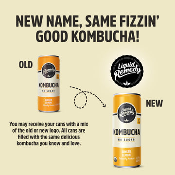 Liquid Remedy Kombucha Sugar Free Organic Drink, Low Calorie, Probiotic Like Tea For Gut Health - Ginger Lemon - 8.5 Fl Oz Can,