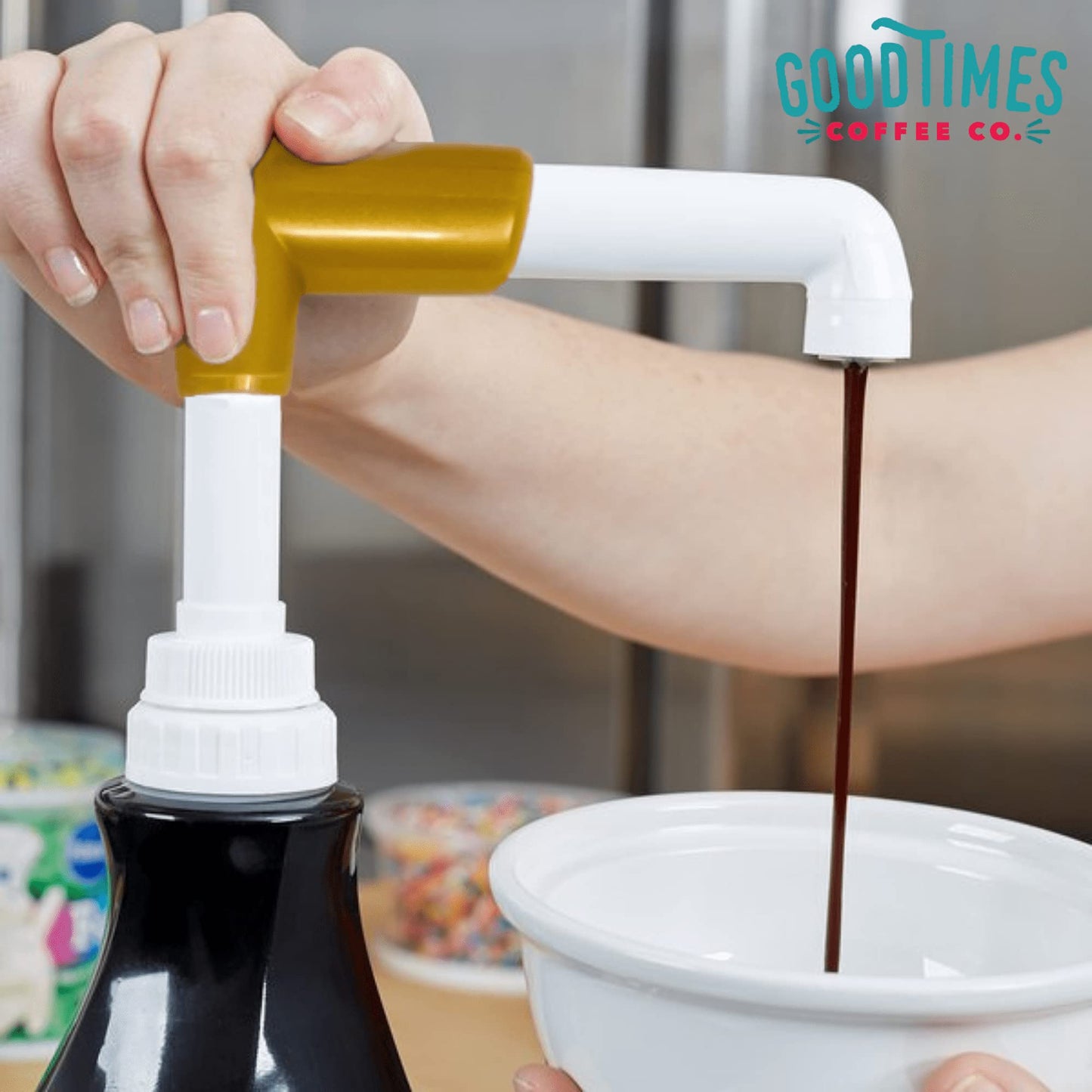 Good Times Coffee Co. Sauce Pump Dispenser for Ghirardelli Bottles, Plastic, Pack of 6, Fits 87.3 to 90.4 Ounce, Gold