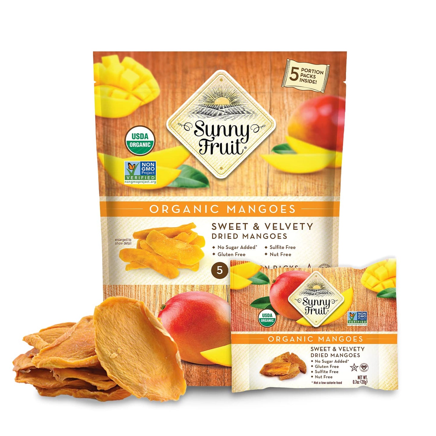 SUNNY FRUIT Organic Dried Mangoes - 5 Snack Packs (0.7 oz each) | Vegan, Non-GMO, No Preservatives, No Added Sugar, Dark Brown