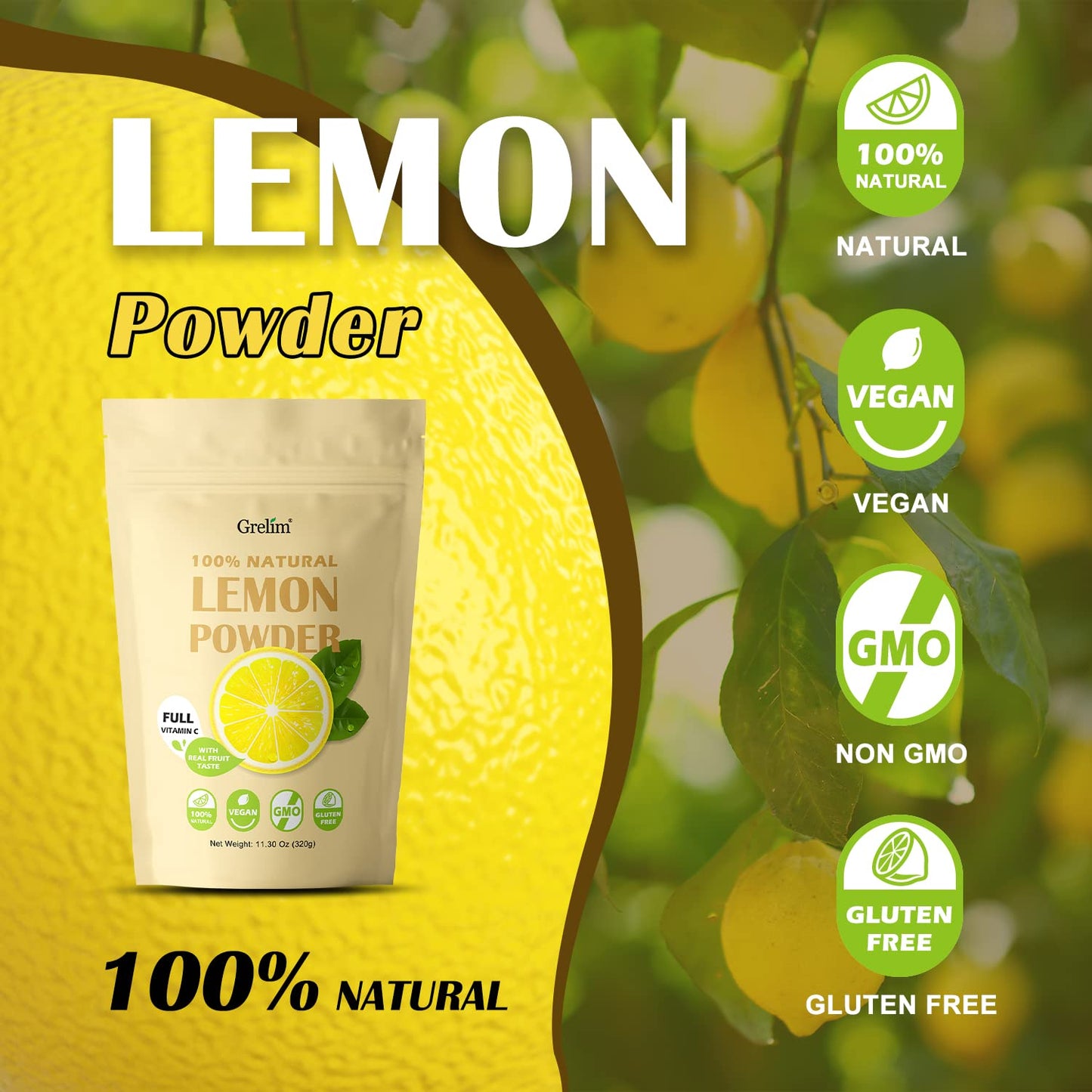 Grelim Lemon Powder, 100% Freeze Dried, Gluten-Free, Fresh Squeezed Flavor, 11.3 Ounce