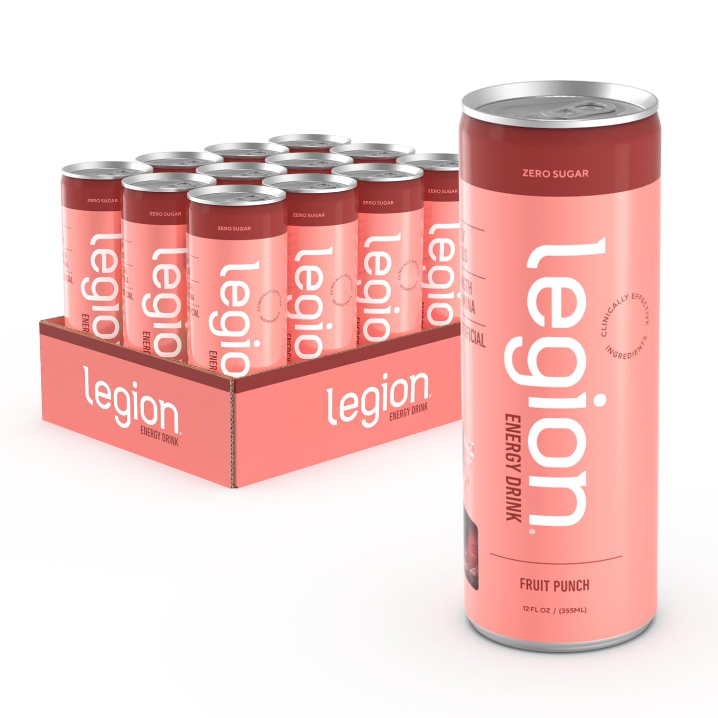 LEGION Energy Drink - Sugar Free, Naturally Sweetened, with Natural Caffeine, Theanine, Taurine, B Vitamins - 12 Pack, Fruit Punch
