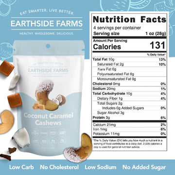 Earthside Farms Coconut Caramel Cashews, Candied Cashews, Low Sugar Keto Snack, Non Gmo, Plant Protein, Vegan, Whole, Natural, S
