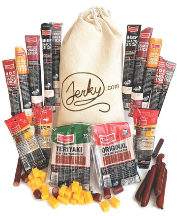 Jerky.com Gift Bag for Men | 26 Piece Meat Sticks Gift Basket with Beef Sticks, Pork, Turkey, Ham & Cheese Sticks | High Protein