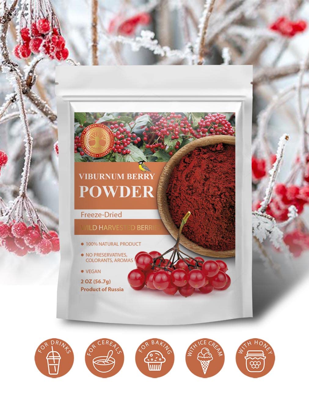 Wild Harvested Viburnum Berry Freeze-Dried Powder – 2 Oz – Natural Viburnum Powder, No Added Sugar, No Gmos