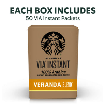 Starbucks Via Instant Coffee, Starbucks Blonde Roast Coffee, Veranda Blend, 100% Arabica, 1 Box (50 Packets)