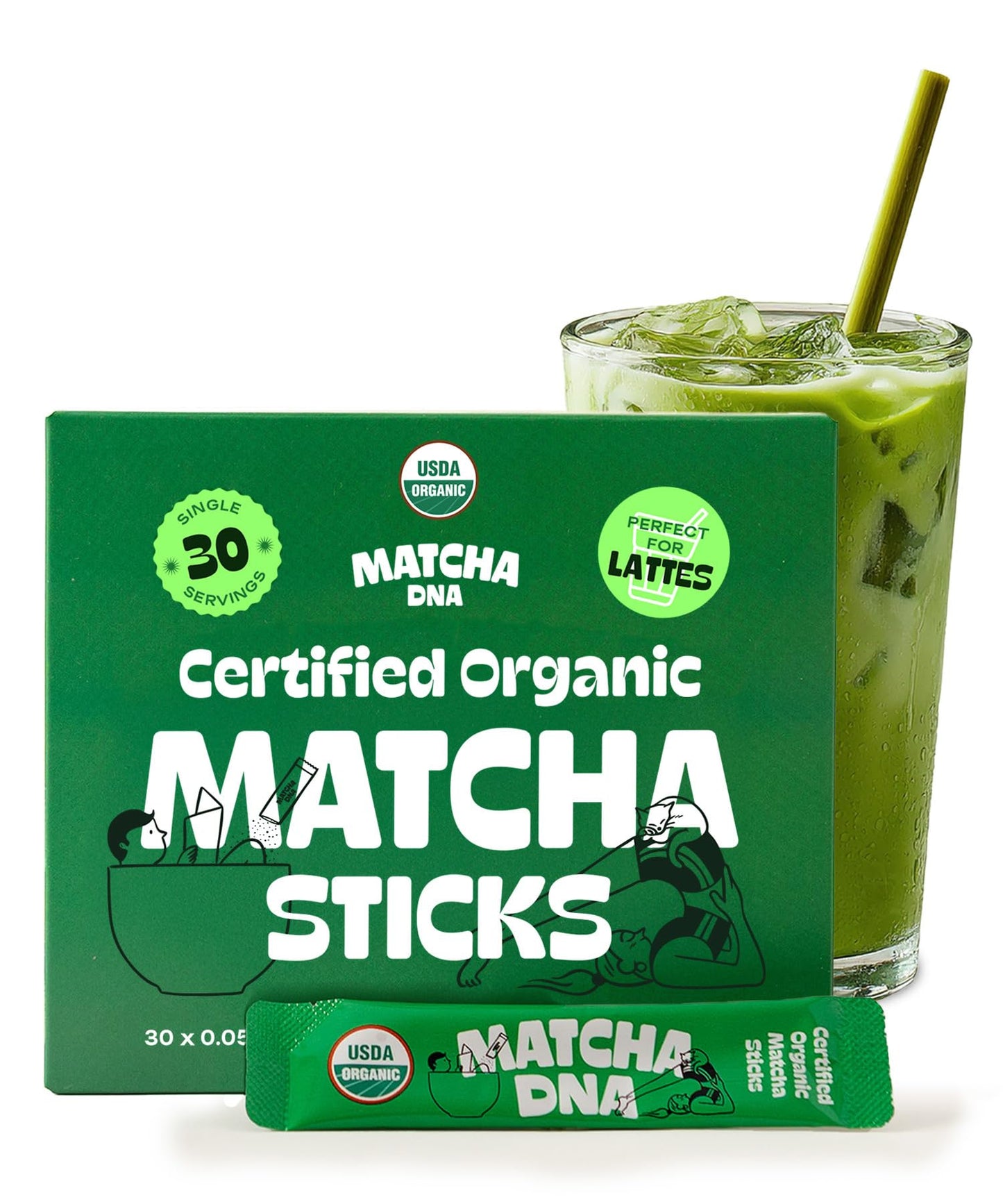 Matchadna Organic Matcha Powder Sticks X30 Pack (1.5G Each) - Instant Organic Matcha - Macha Green Tea Blend Unsweetened - Macha Powder Tea For Lattes Drinks Smoothies Recipes Healthy Beverage