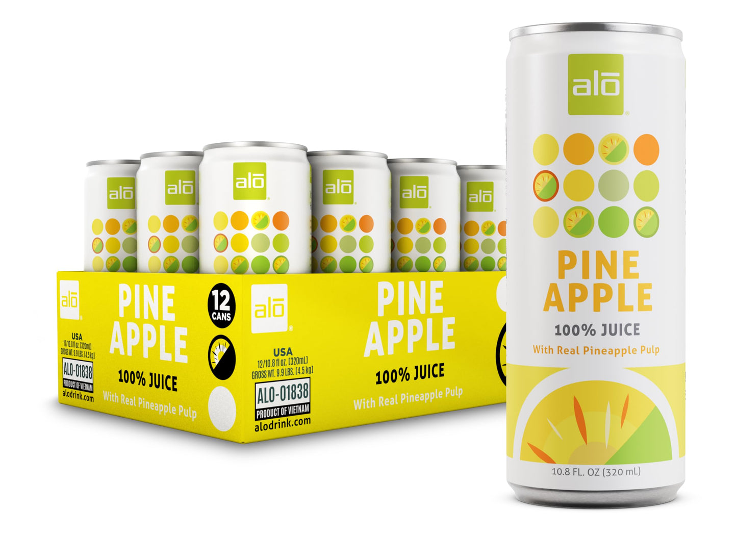 ALO Slim Can Juice, Pineapple Flavor, 10.82 fl oz, Pack of 12, 100% Natural, Plant-Based Beverage
