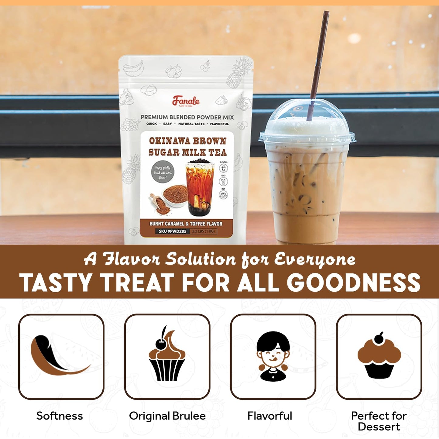 Fanale Okinawa Brown Sugar Milk Tea Flavoring Powder, 2.2 lb, Model PWD285 - Ideal for Baking, Smoothies, Desserts, and Drinks