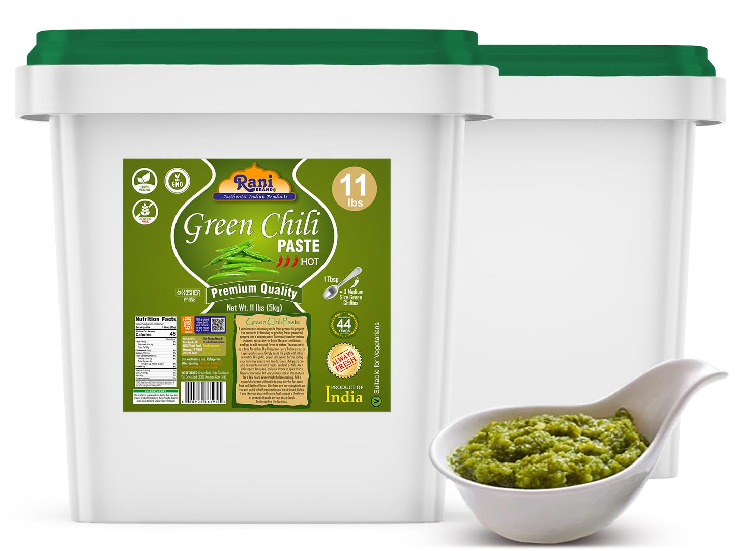 Rani Green Chilli Cooking Paste 176Oz (11Lbs) 5Kg Bulk ~ Vegan | Gluten Free | Non-Gmo | Kosher | No Colors | Indian Origin