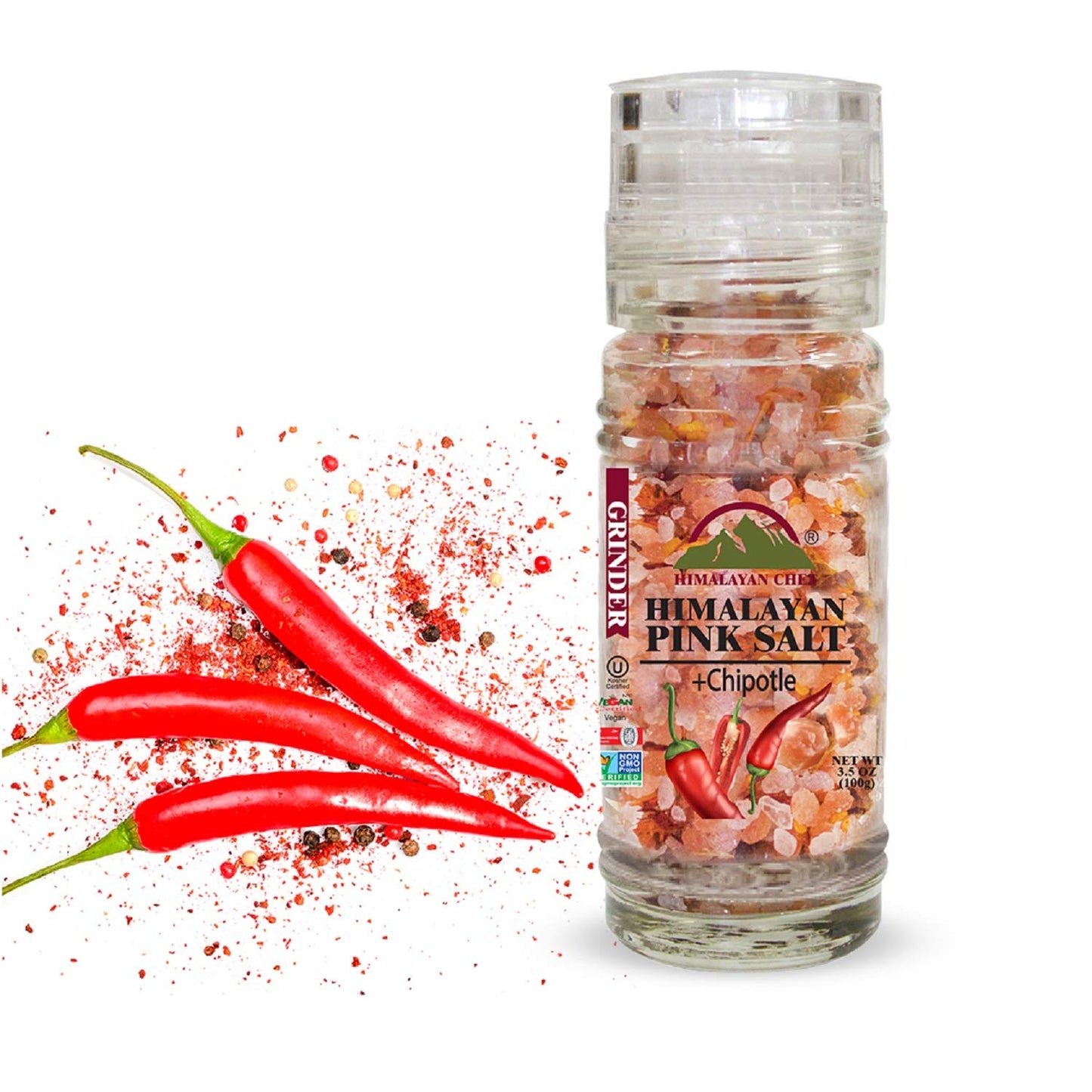 Himalayan Chef Chipotle with Pink Salt Grinder, OU Kosher Certified, Non-GMO-3.5oz