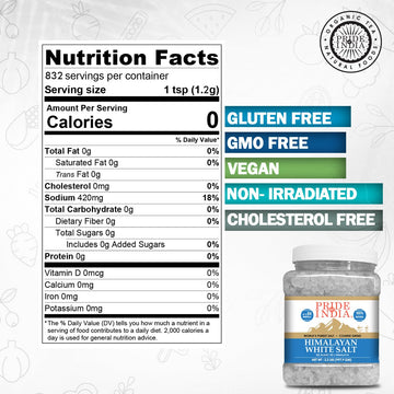 Pride of India- Himalayan White Salt Coarse Grind 2.2 lbs (997.90 gm)- Rarest & Enriched W/84+ Natural Minerals- Low Sodium- Min