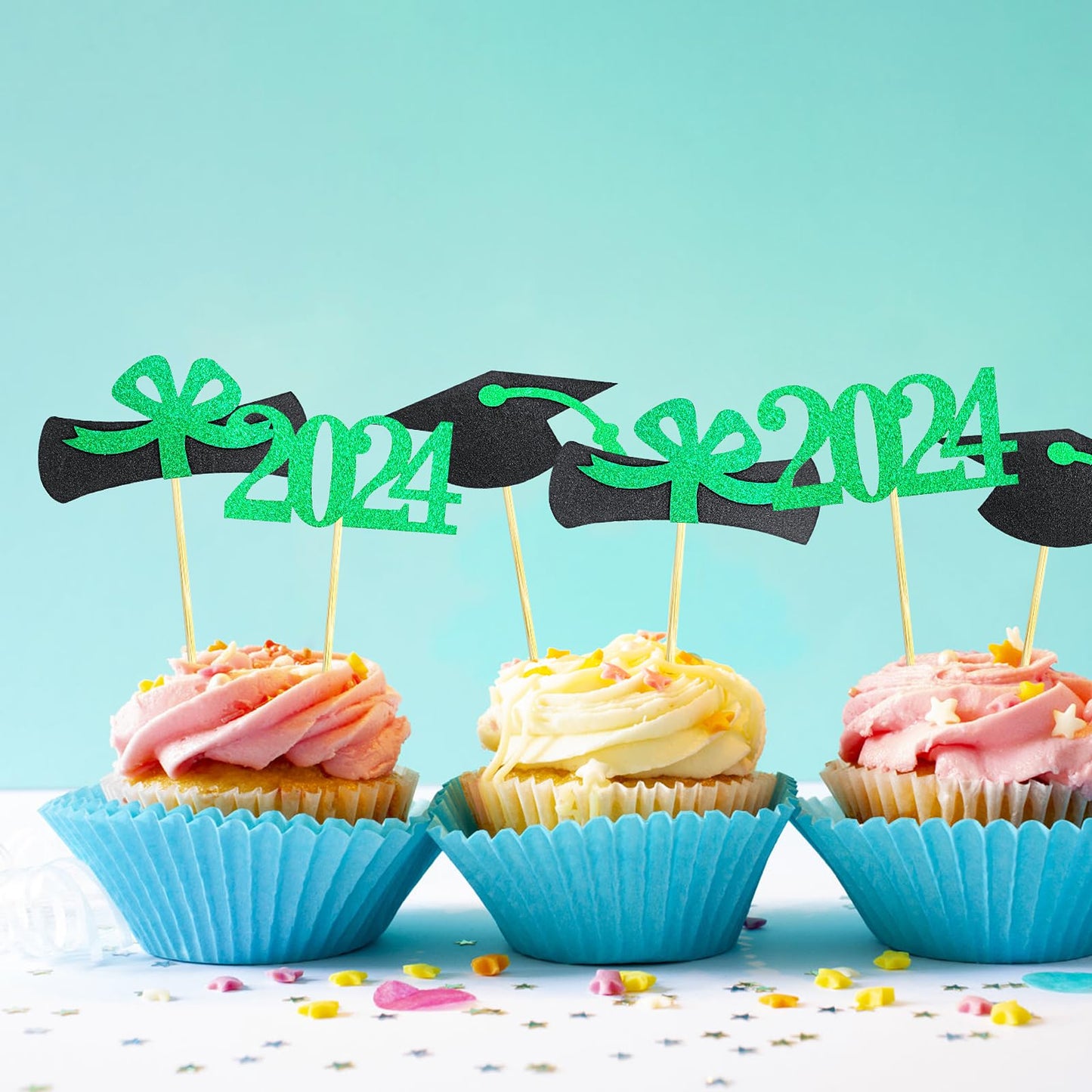 GOLF Graduation Cupcake Toppers 2024, 48 PCS, Green Paper Food Picks for Graduation Party Supplies