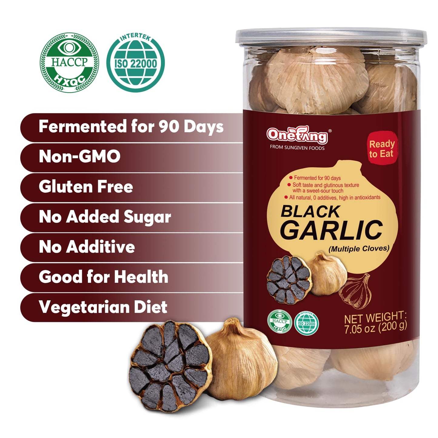 ONETANG Black Garlic 7.05 Oz (200g.), Multiple Black Garlic Fermented for 90 Days, Super Foods, Non-GMO, Non-Additives, High in