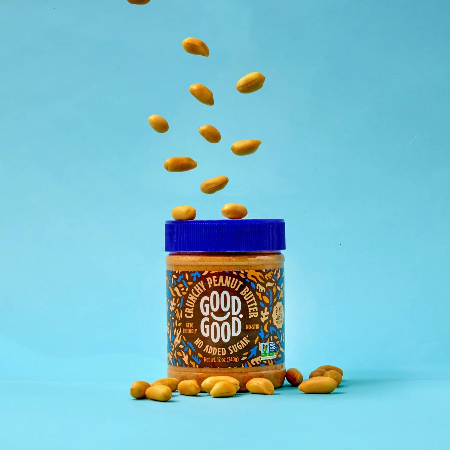 Good Good Crunchy & Creamy Peanut Butter - Keto Friendly - Low Carb & No Added Sugars - Vegan - Gluten Free - Non-GMO - 340g Jar